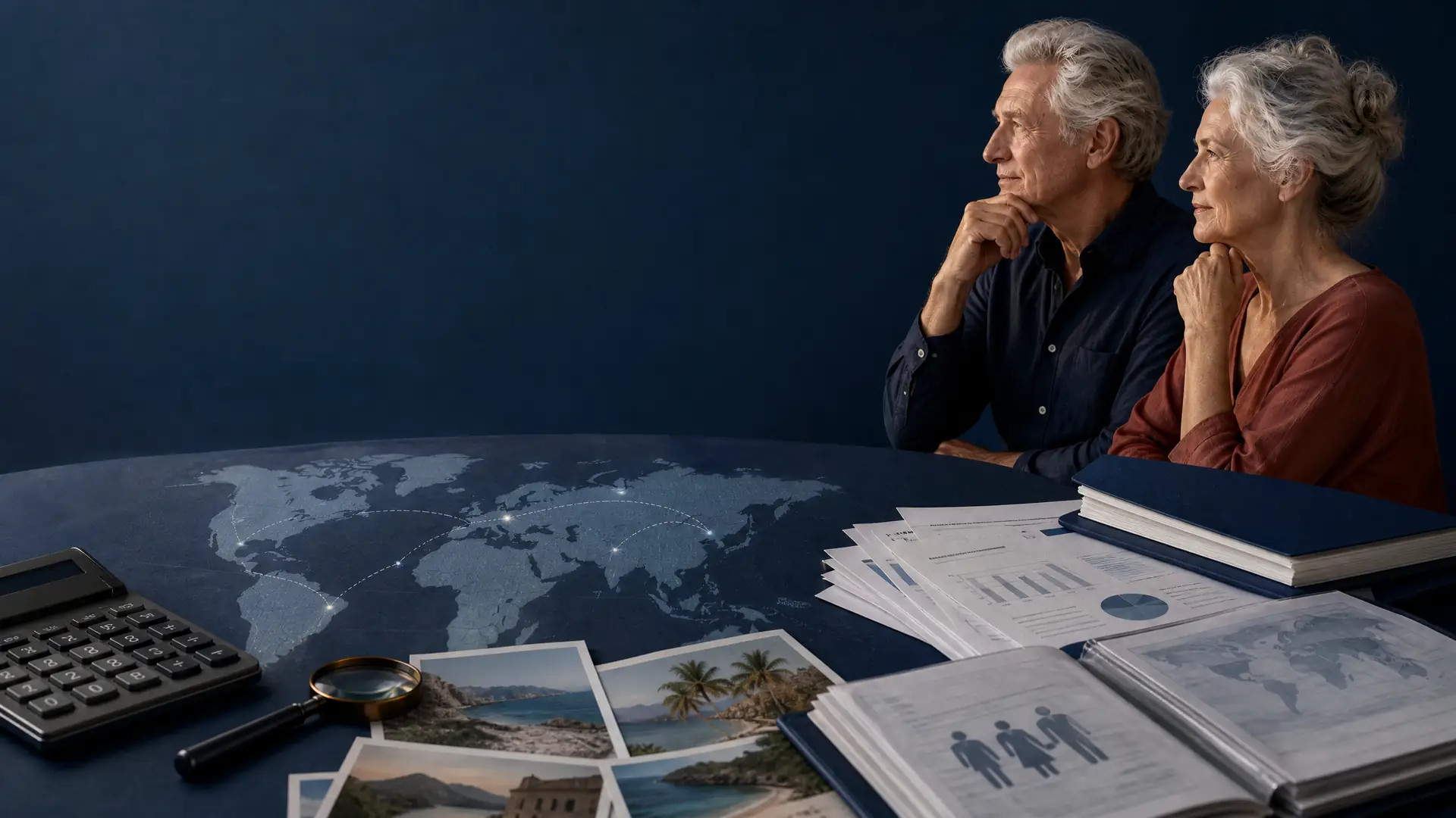 Rentnerpaar an einer mediterranen Küste als Sinnbild für niedrig besteuerten Ruhestand im Ausland