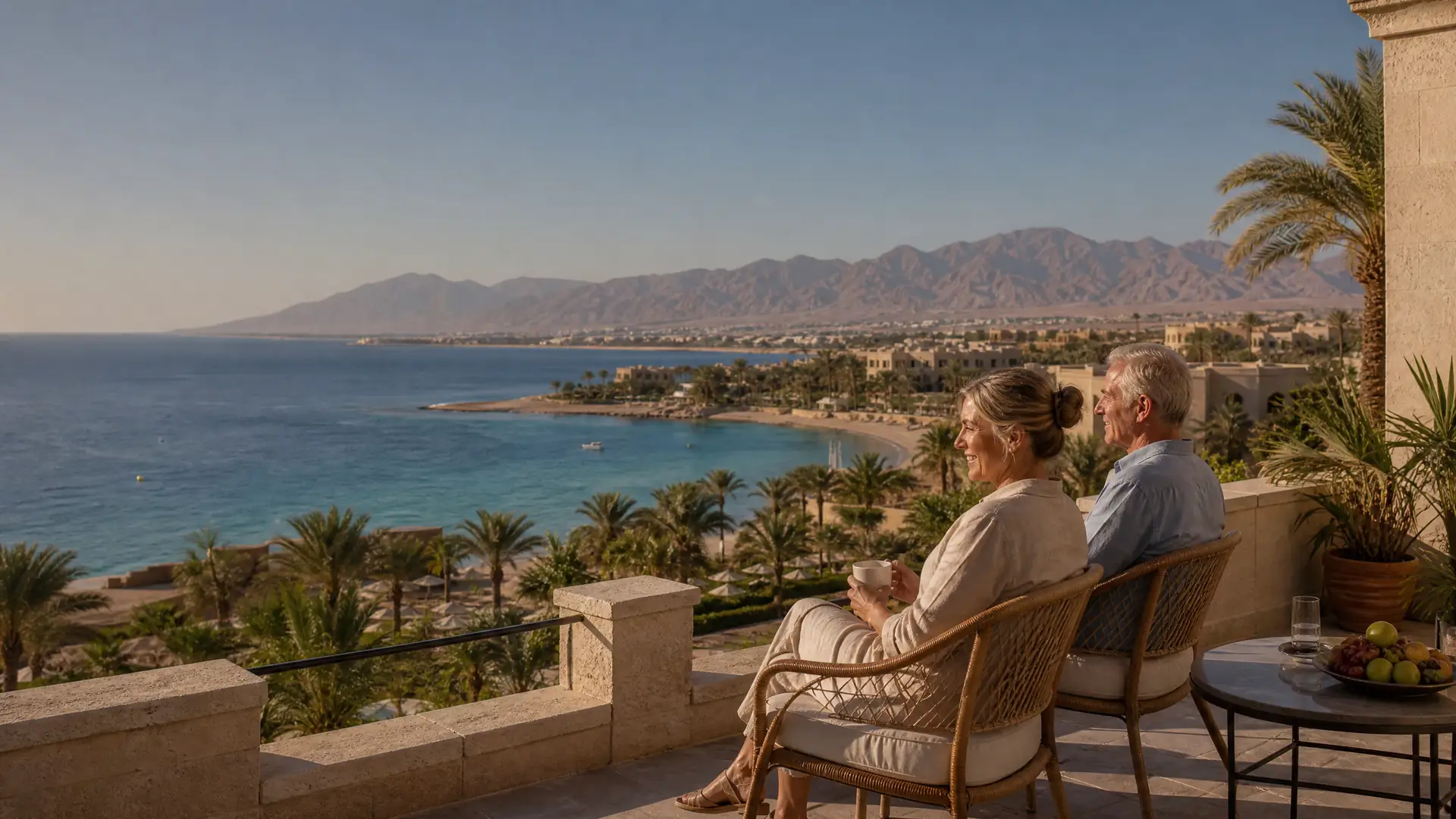 Rentnerpaar spaziert an einer sonnigen Strandpromenade am Roten Meer in Ägypten