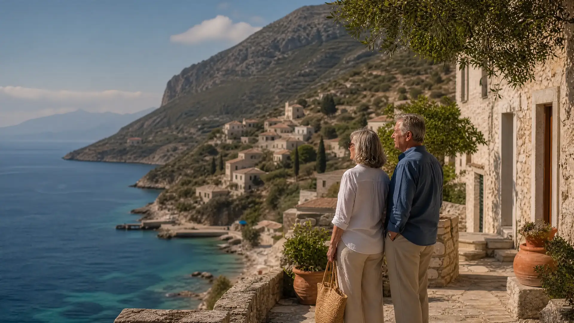 Rentnerpaar spaziert an der sonnigen Albanischen Riviera am Meer