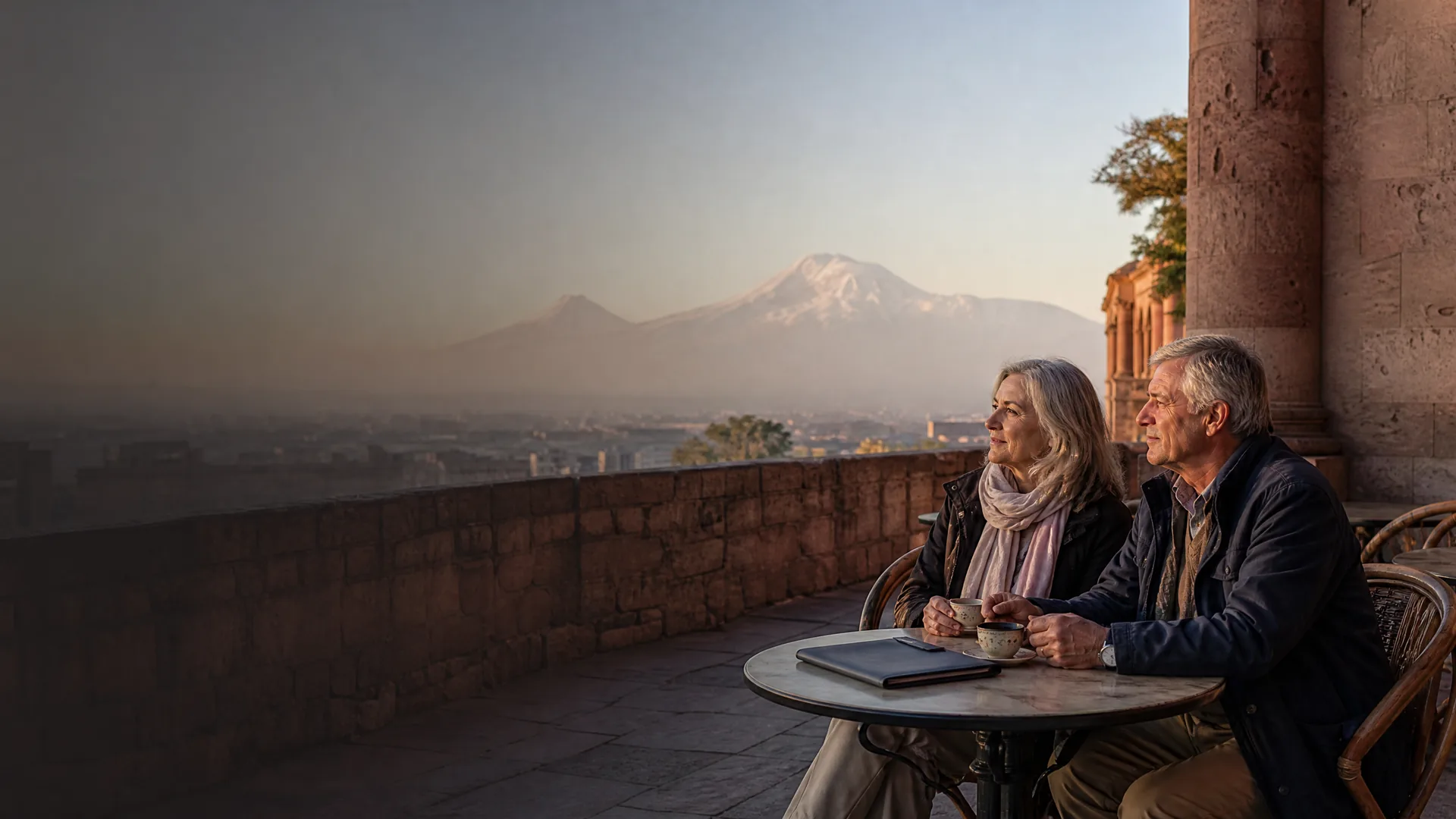 Rentnerpaar auf einer Tuffsteinterrasse in Jerewan mit Blick auf den Ararat