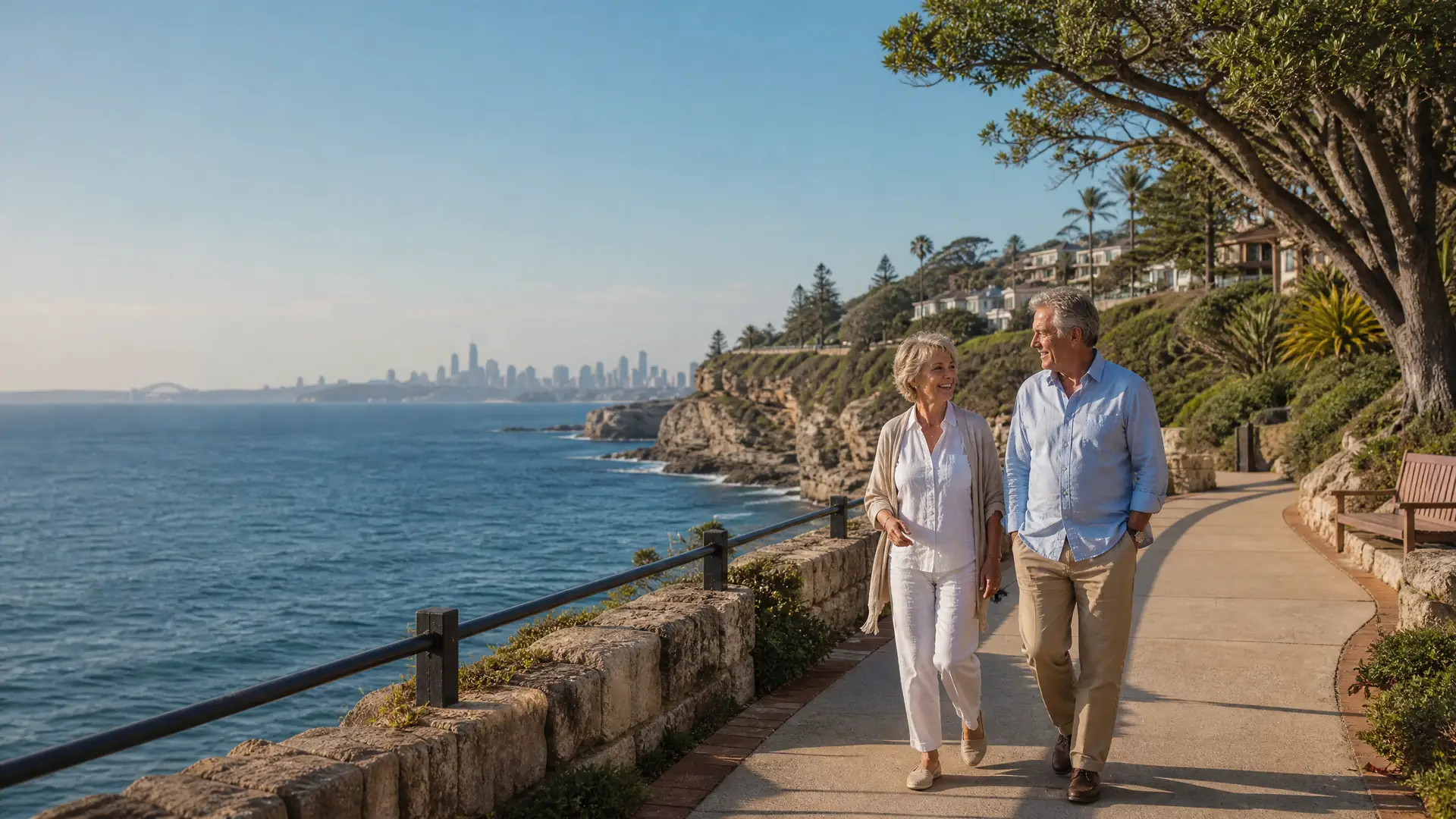 Rentnerpaar spaziert an einem sonnigen australischen Strand