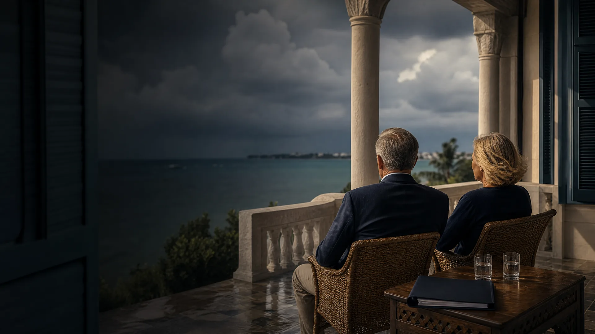Rentnerpaar auf einer kolonialen Veranda in Nassau mit Blick auf das Meer
