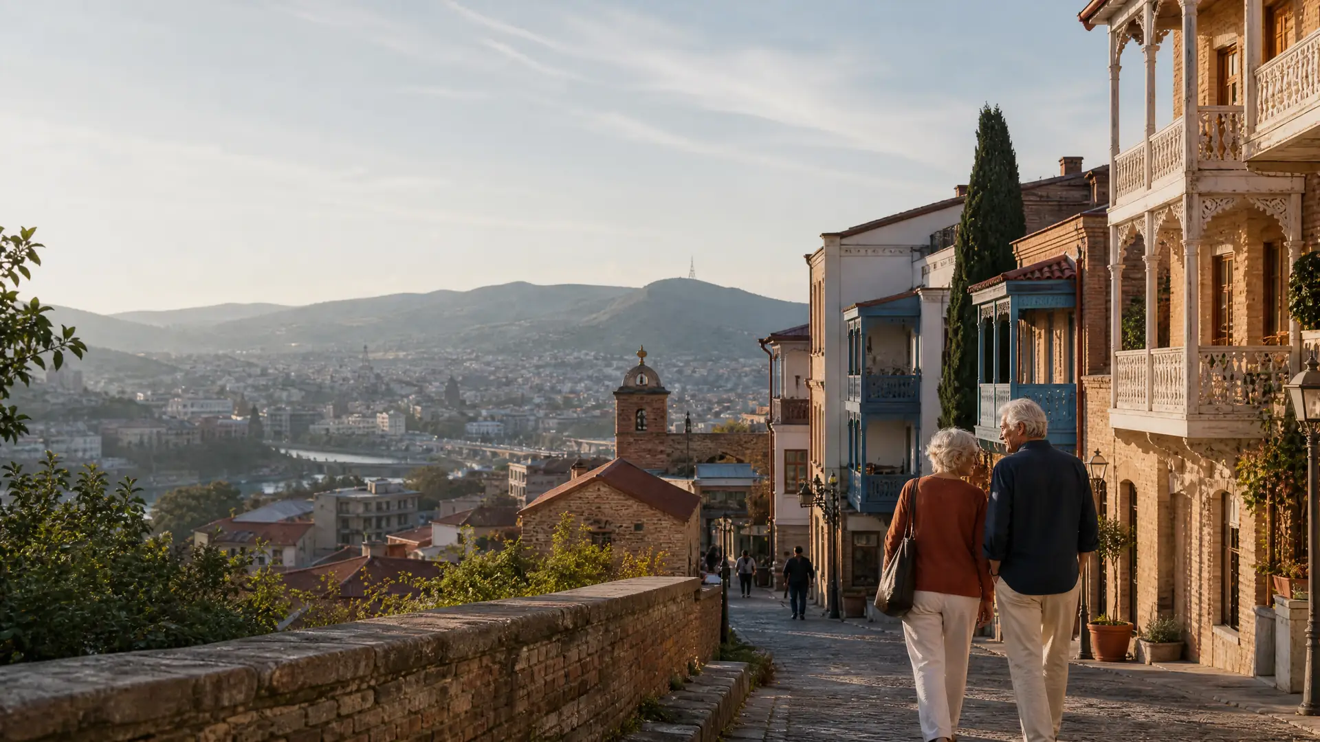 Deutschsprachiges Rentnerpaar auf einer Terrasse mit Blick auf Tiflis und den Kaukasus