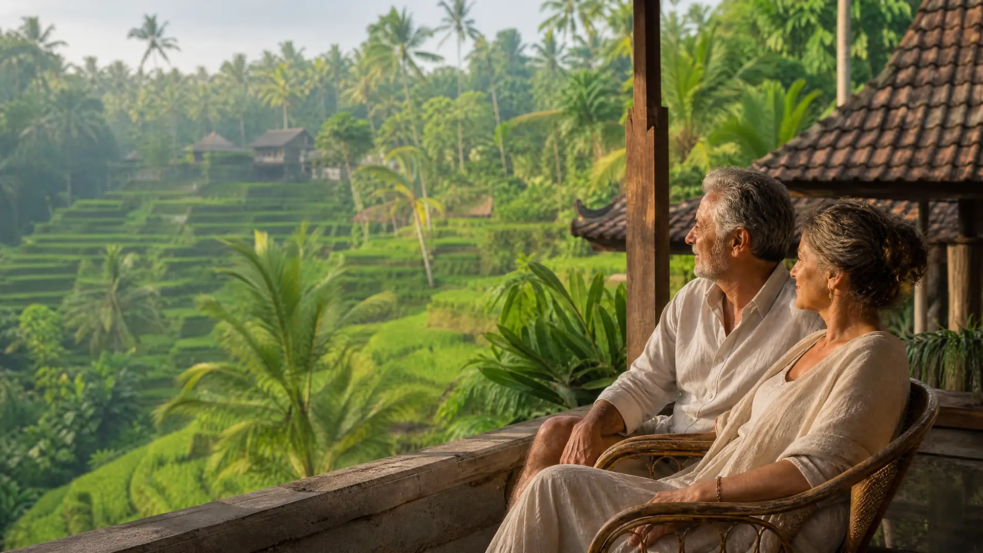 Rentnerpaar auf einer Terrasse über den Reisterrassen von Ubud auf Bali