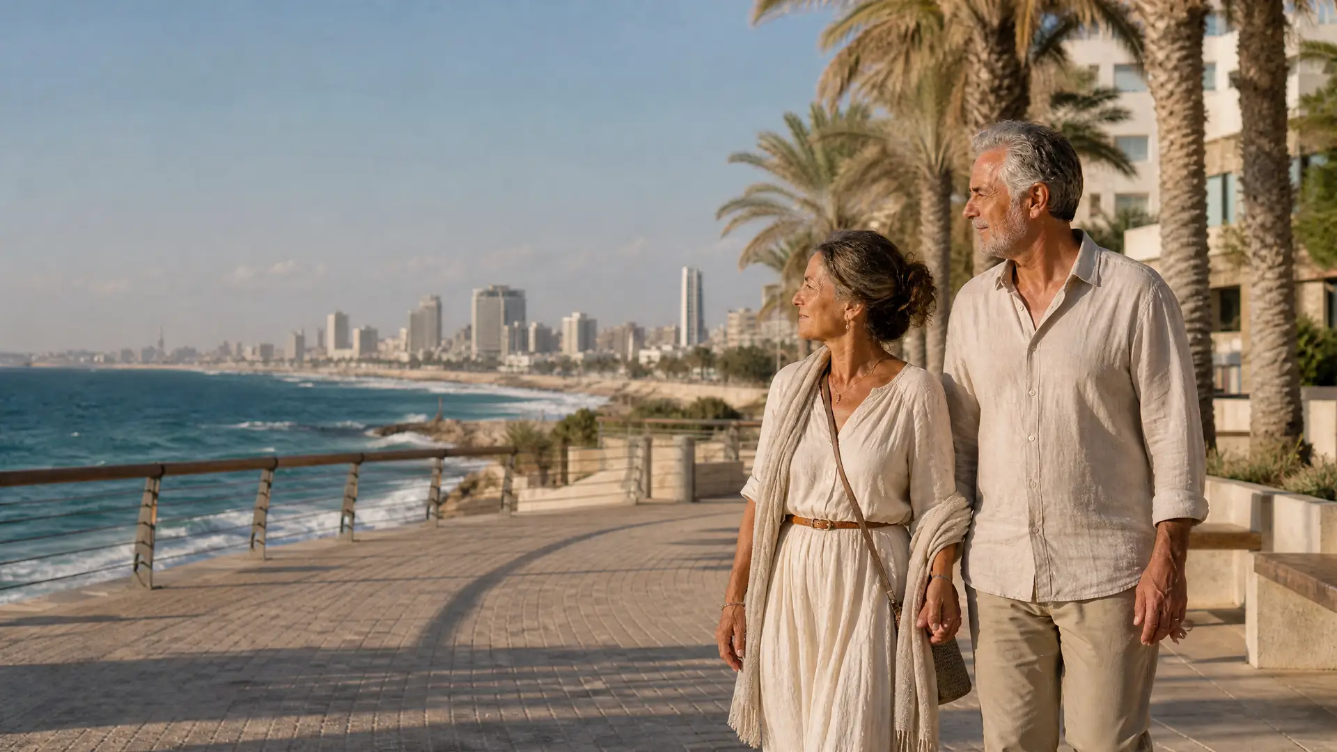 Rentnerpaar auf einer Strandpromenade am Mittelmeer in Israel
