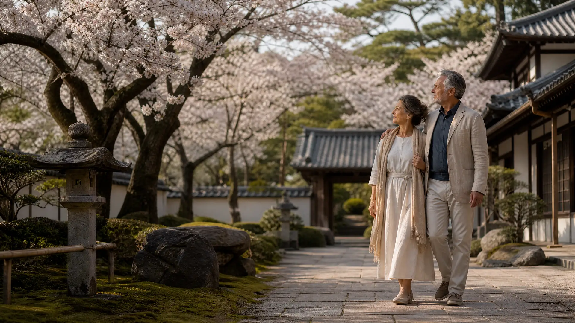 Rentnerpaar unter blühenden Kirschbäumen in einem Tempelgarten in Kyoto, Japan