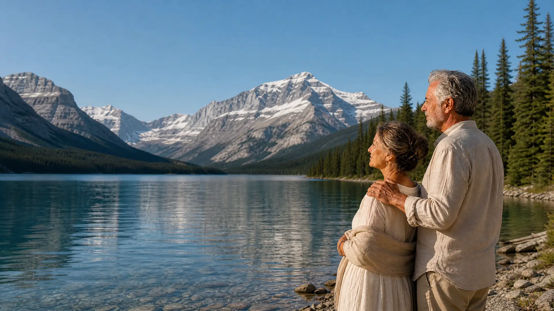 Rentnerpaar an einem klaren Bergsee in den kanadischen Rocky Mountains