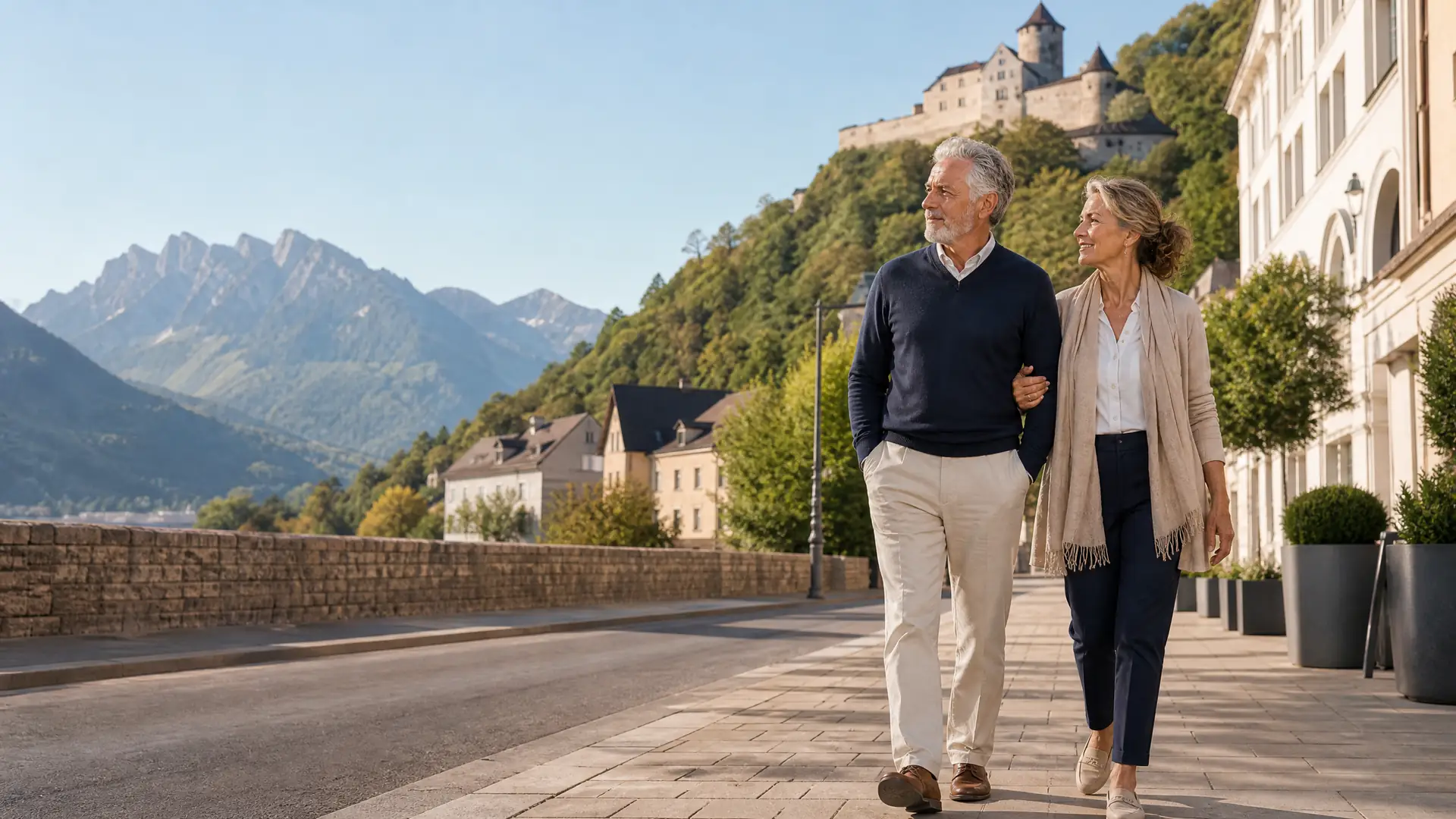 Rentnerpaar spaziert durch Vaduz mit Schloss und Alpen im Hintergrund in Liechtenstein