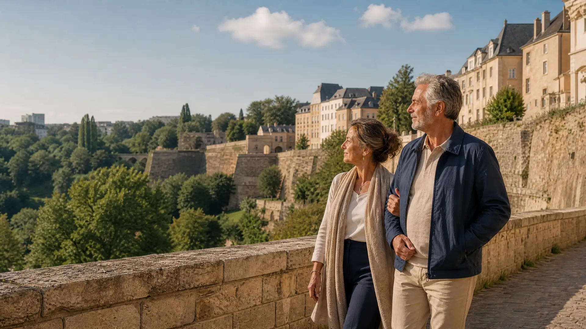 Rentnerpaar spaziert durch die Altstadt von Luxemburg-Stadt mit Blick auf die Festung