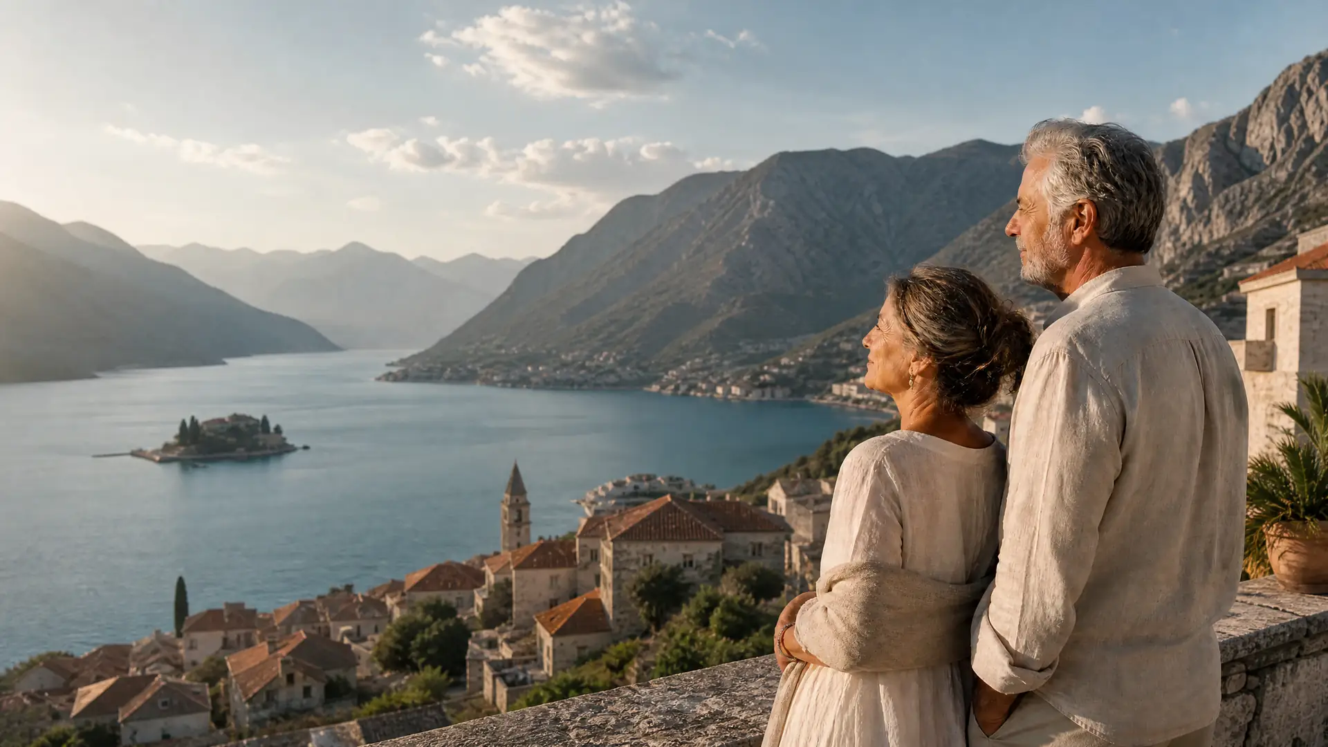 Rentnerpaar blickt von einer Terrasse über die Bucht von Kotor in Montenegro