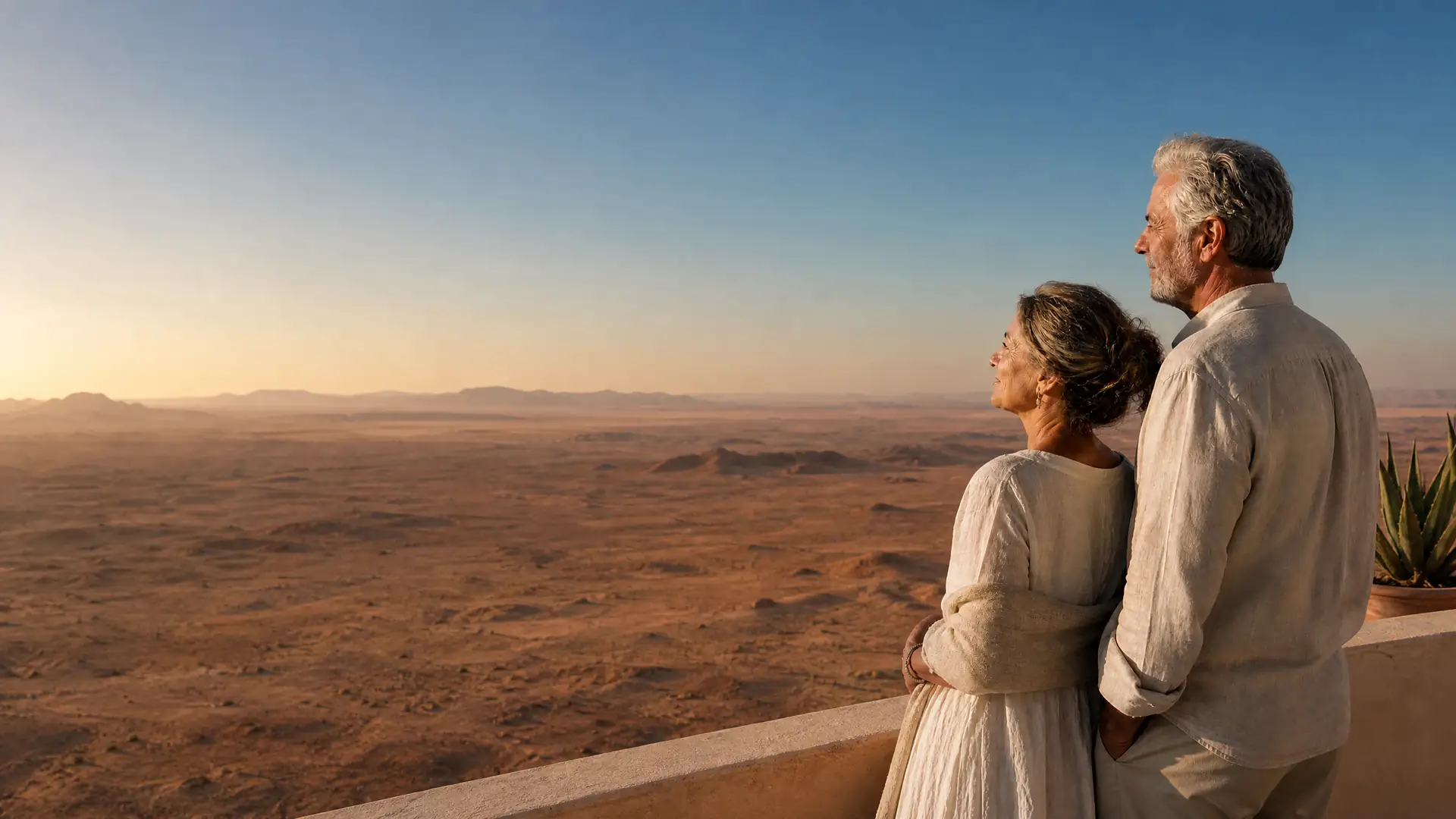 Rentnerpaar mit weitem Blick über die rötliche Namib-Wüste in Namibia
