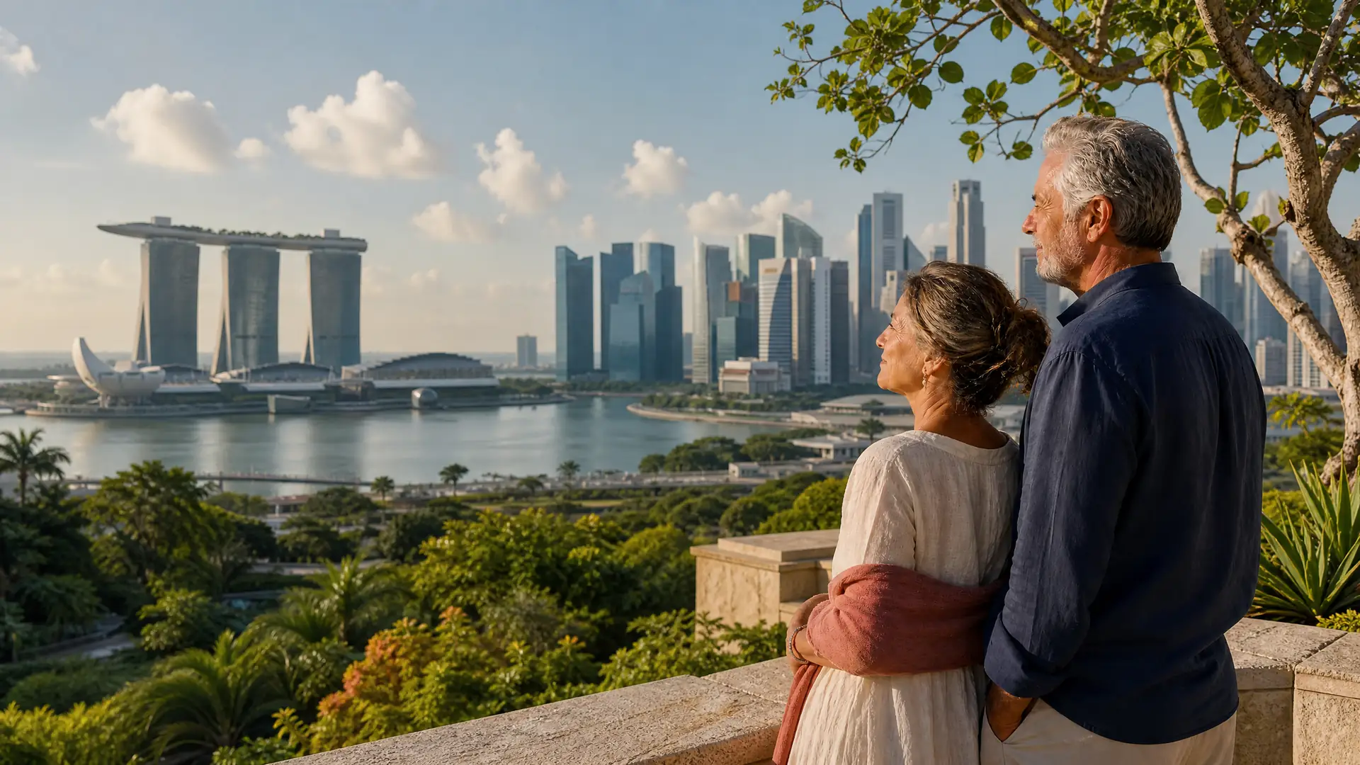 Rentnerpaar mit Blick auf die Skyline von Singapur