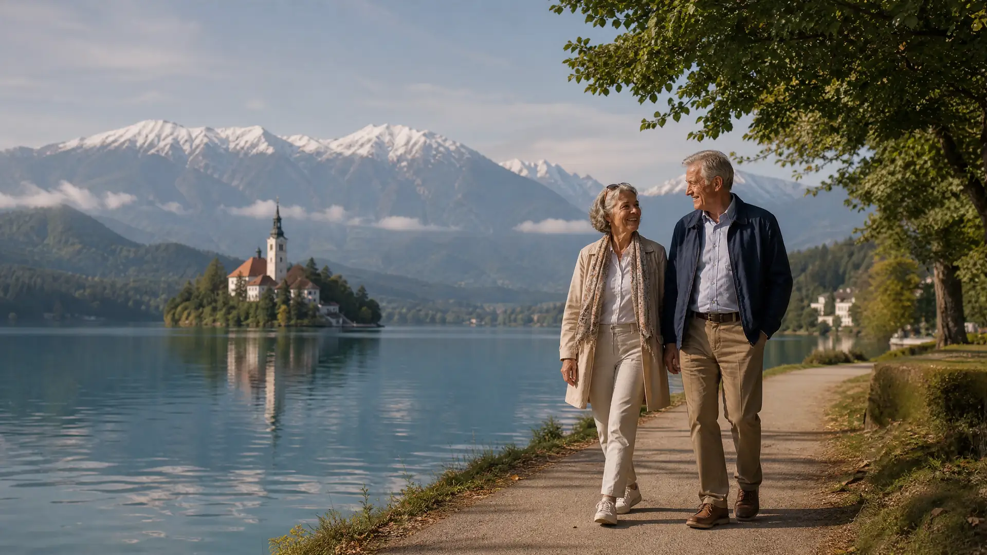 Rentnerpaar spaziert am sonnigen Bleder See vor Alpenkulisse in Slowenien
