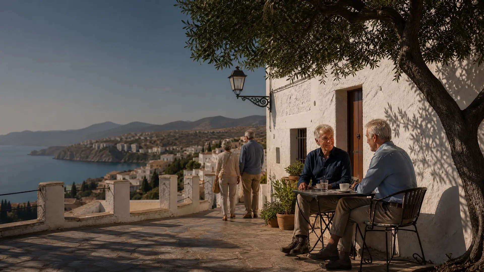 Deutschsprachiges Rentnerpaar auf einer Terrasse an der spanischen Mittelmeerküste