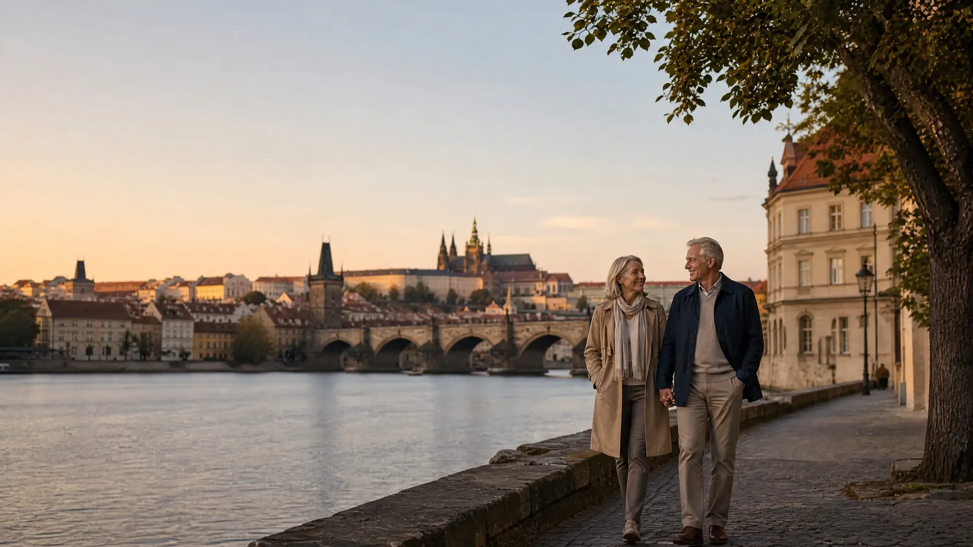 Rentnerpaar spaziert an einem sonnigen Tag durch eine historische Stadt in Tschechien