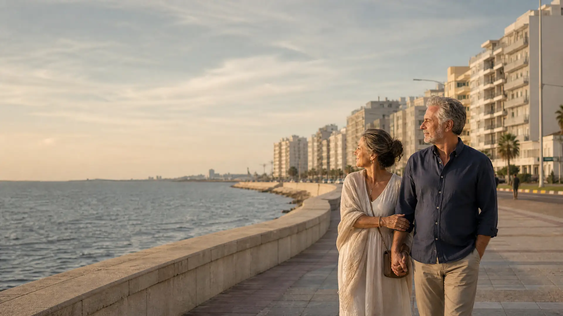 Rentnerpaar spaziert über die Rambla-Promenade von Montevideo am Wasser