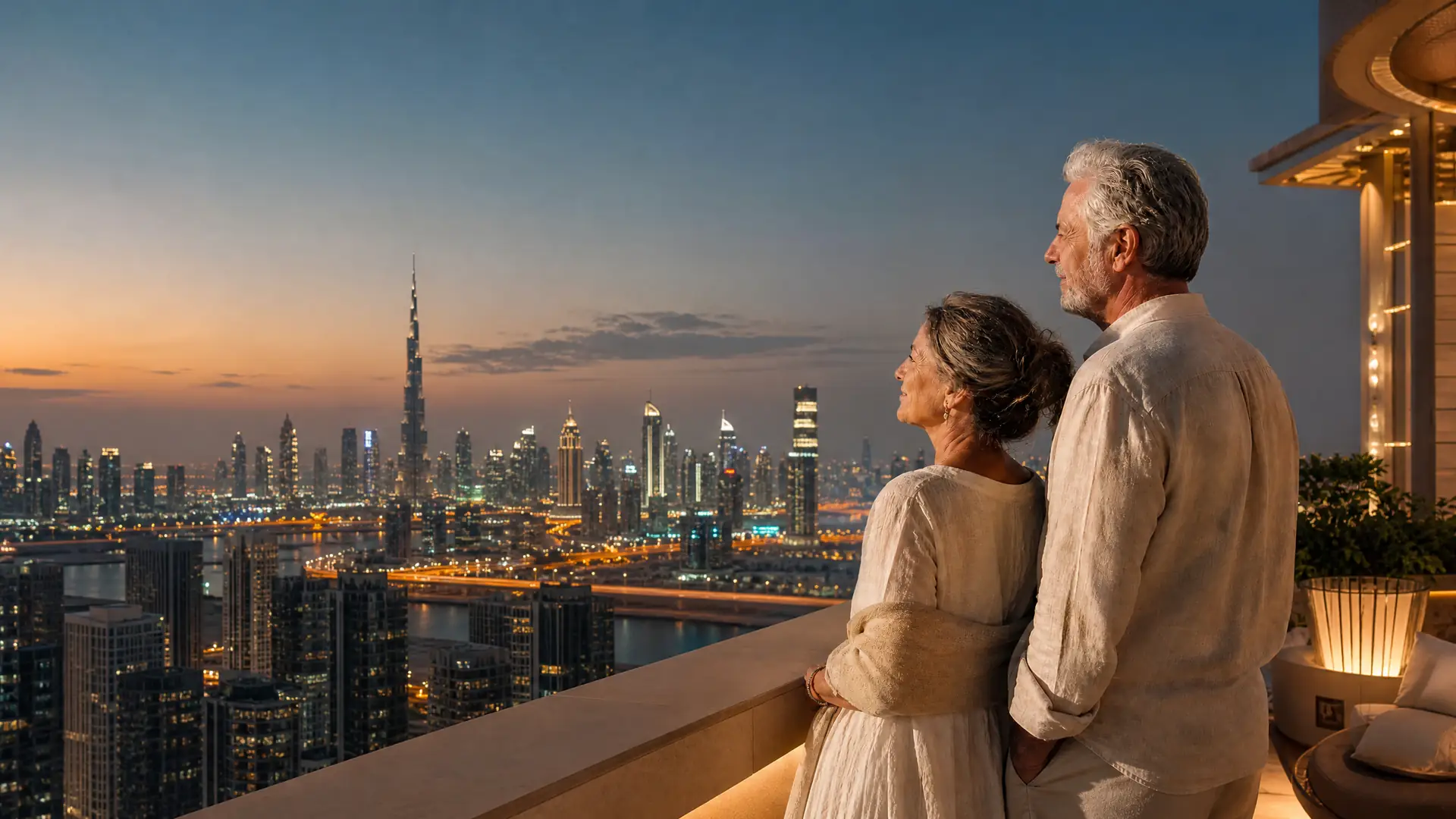 Rentnerpaar mit Blick über die abendliche Skyline von Dubai in den VAE