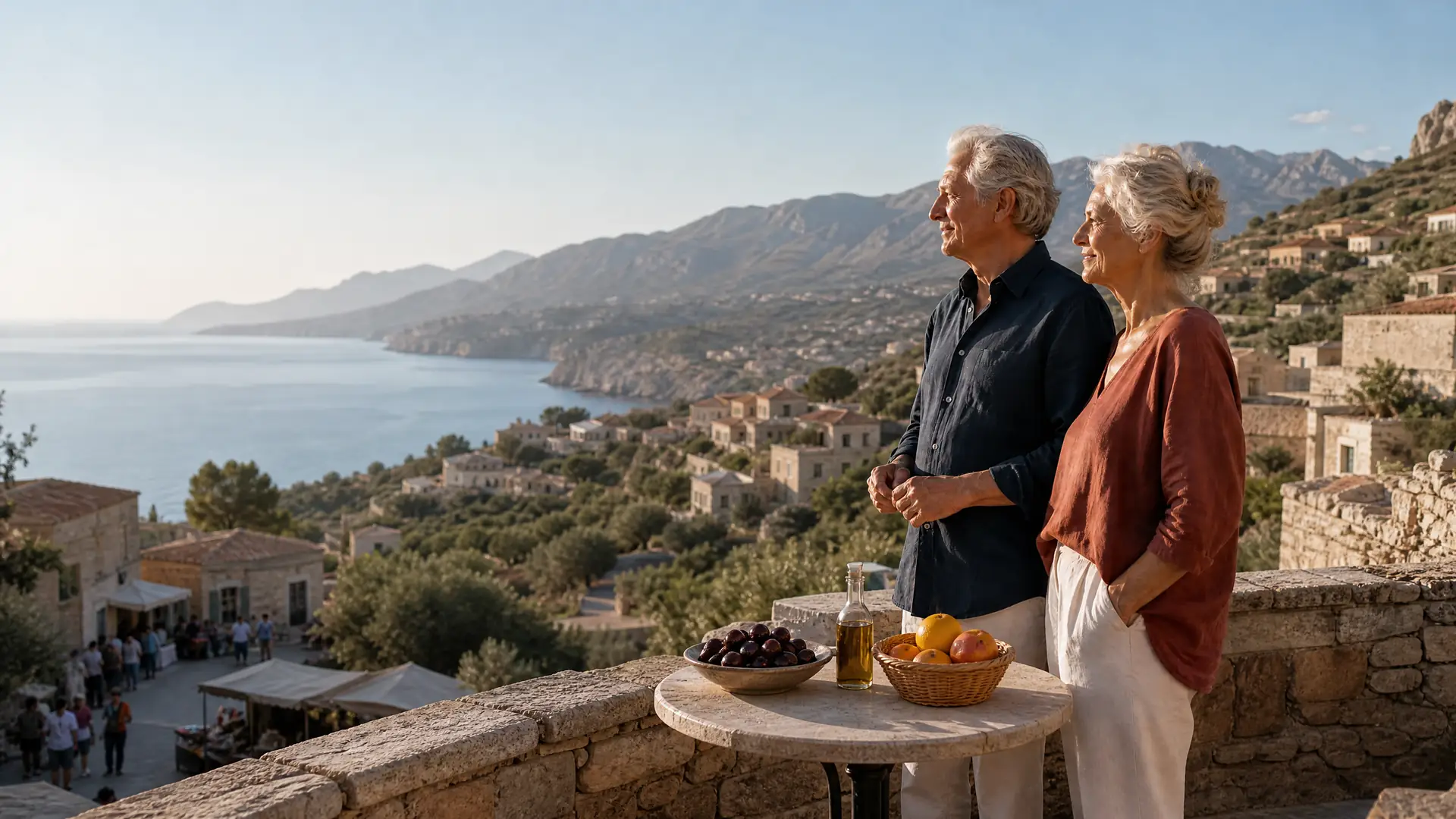 Deutschsprachiges Rentnerpaar auf einer Terrasse auf Kreta mit Blick auf Meer und Berge