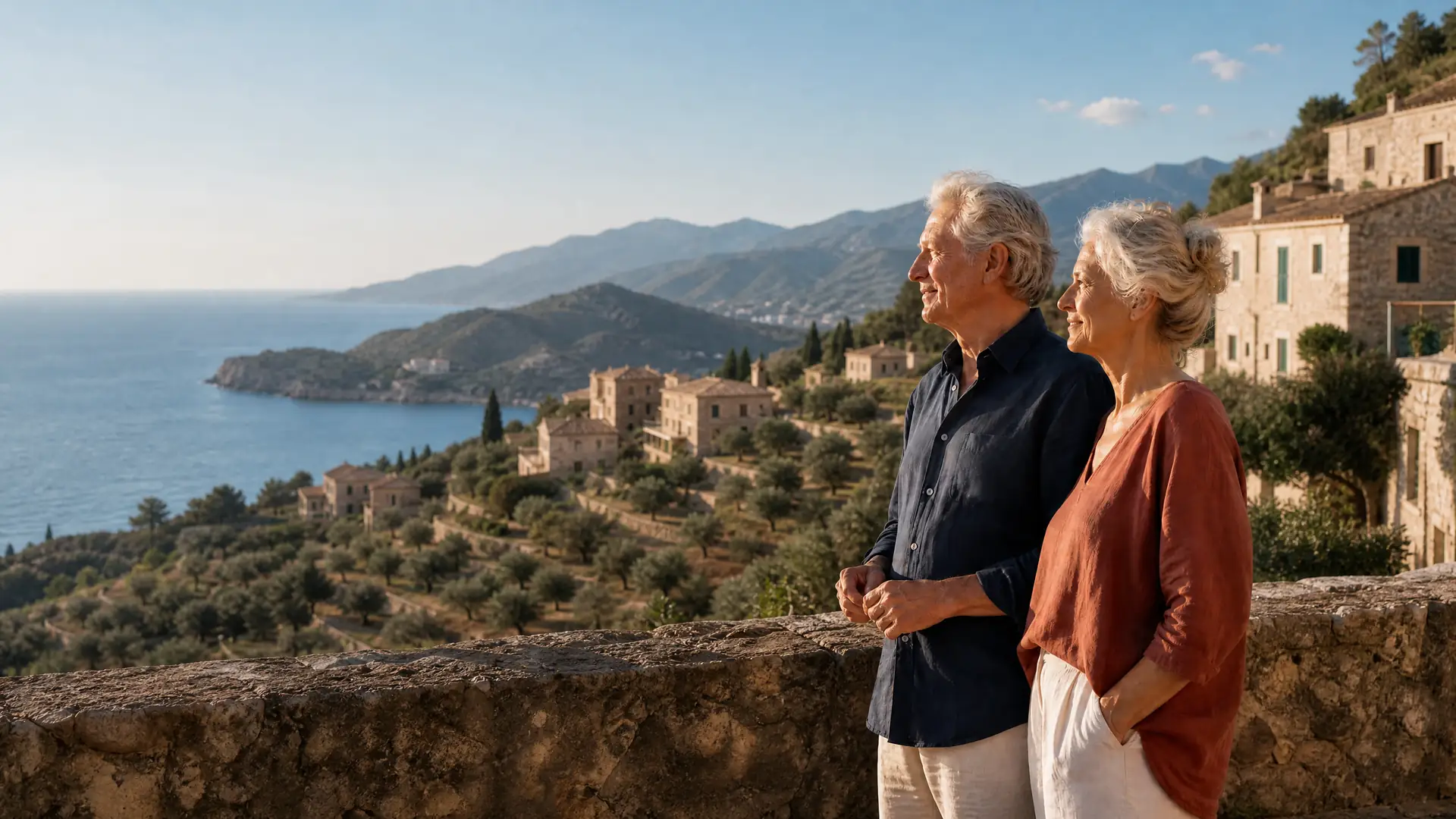 Deutschsprachiges Rentnerpaar auf einer sonnigen Terrasse auf Mallorca mit Blick auf das Tramuntana-Gebirge