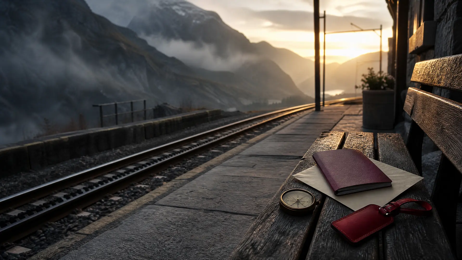 Schweizer Rentenbrief, Reisepass und Kompass an einem Bergbahnhof als Symbol für die AHV beim Auswandern