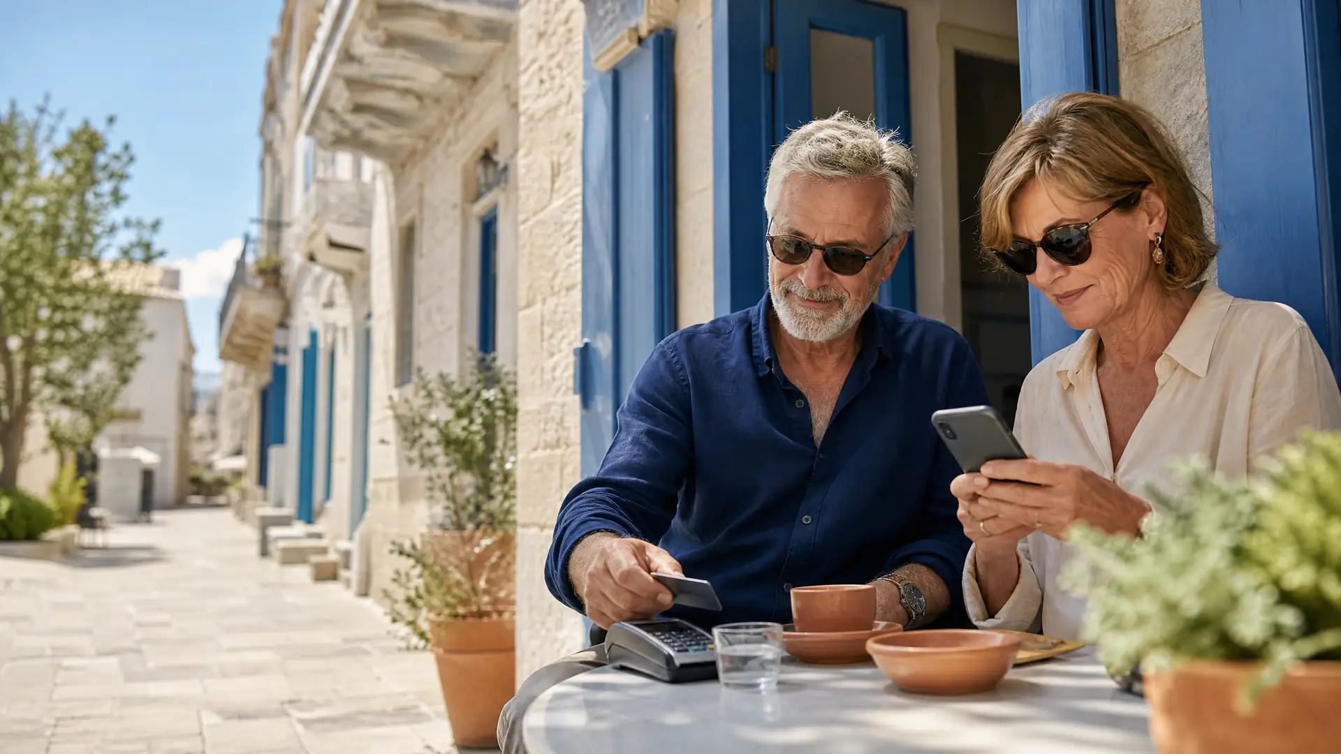 Älteres Paar im Straßencafé, kontaktloses Bezahlen und Banking-App auf dem Smartphone