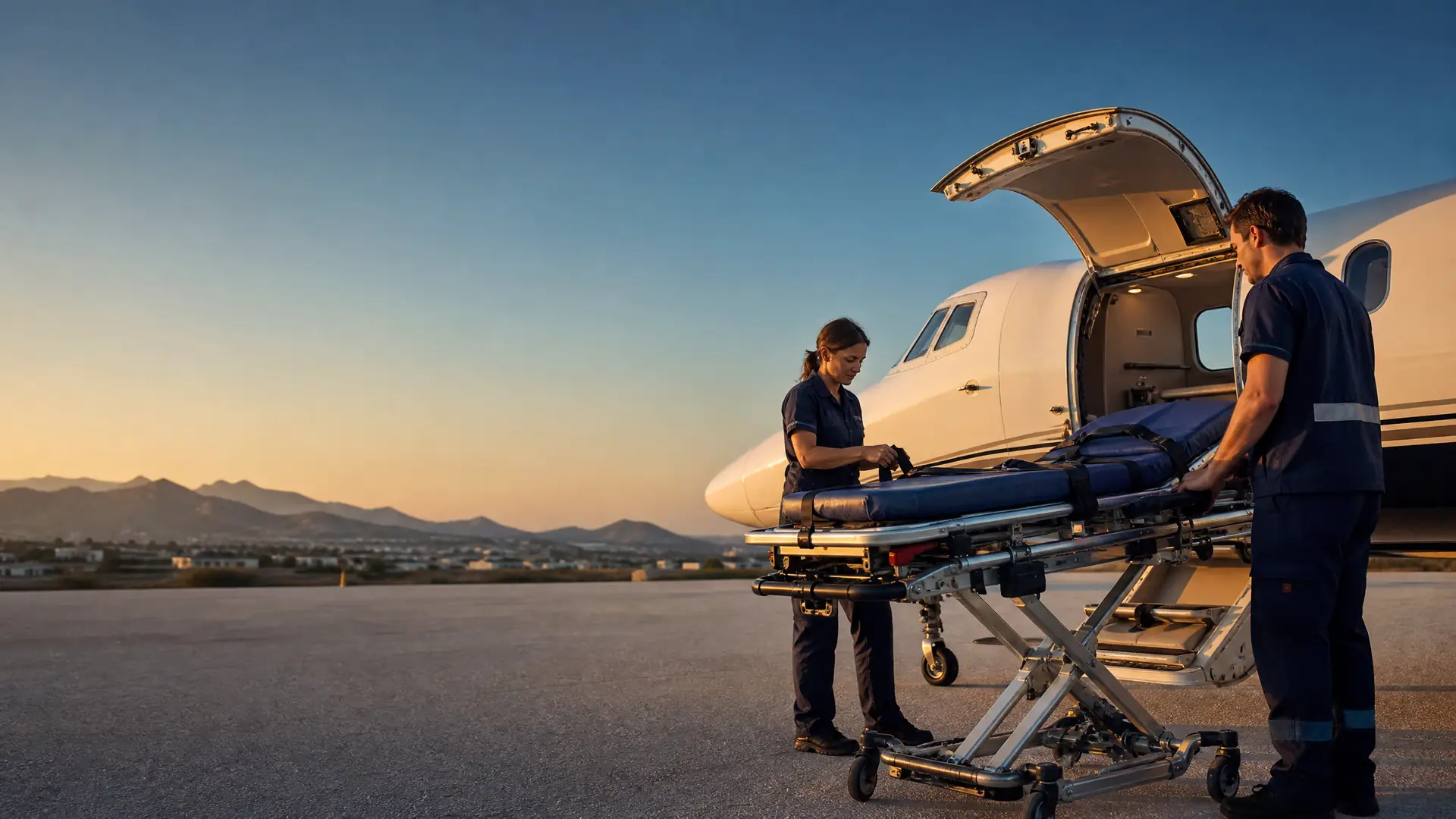 Ambulanzflugzeug mit Sanitätern bei der Vorbereitung eines Patiententransports am Abend