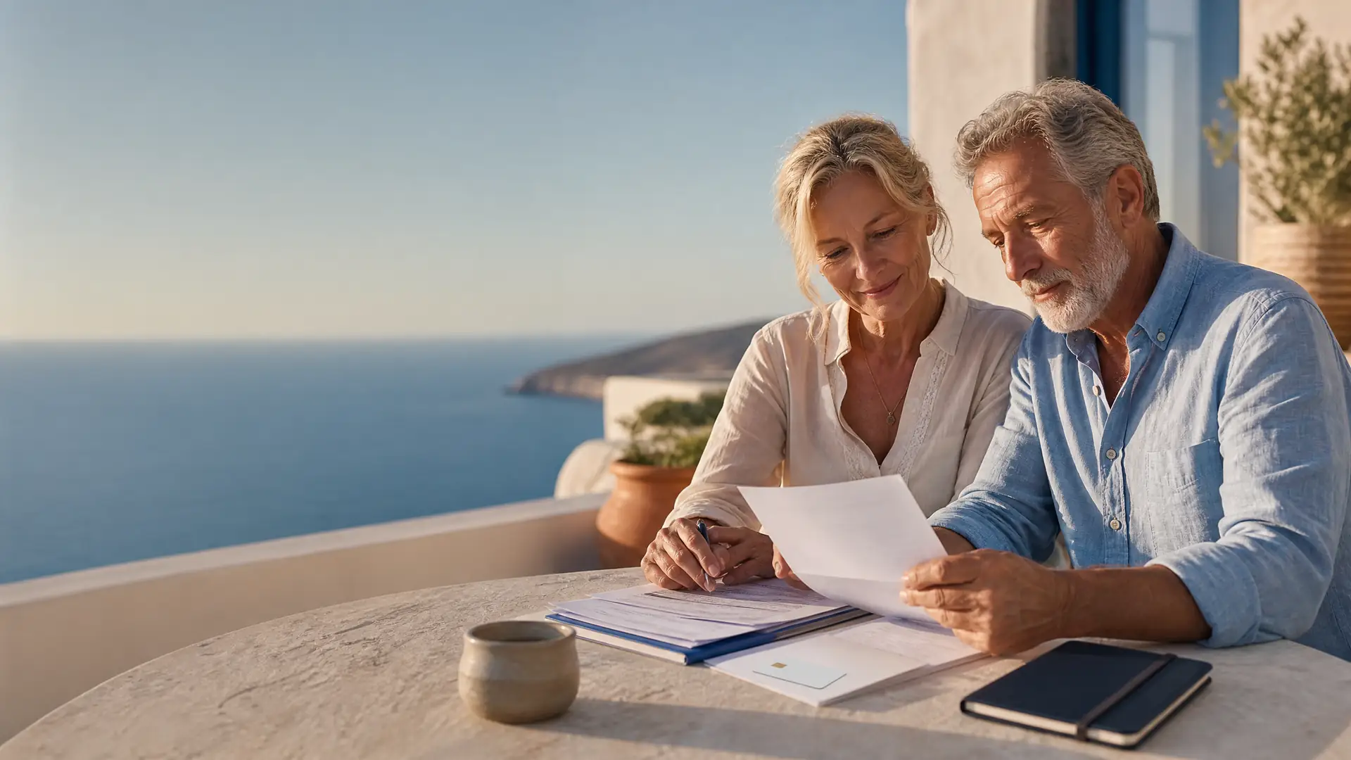 Älteres Paar auf einer mediterranen Terrasse mit Versicherungsunterlagen auf dem Tisch