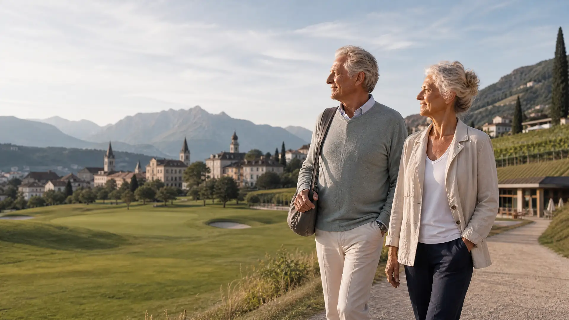 Rentnerpaar beim Golf vor Weinbergen und Dolomiten in Südtirol