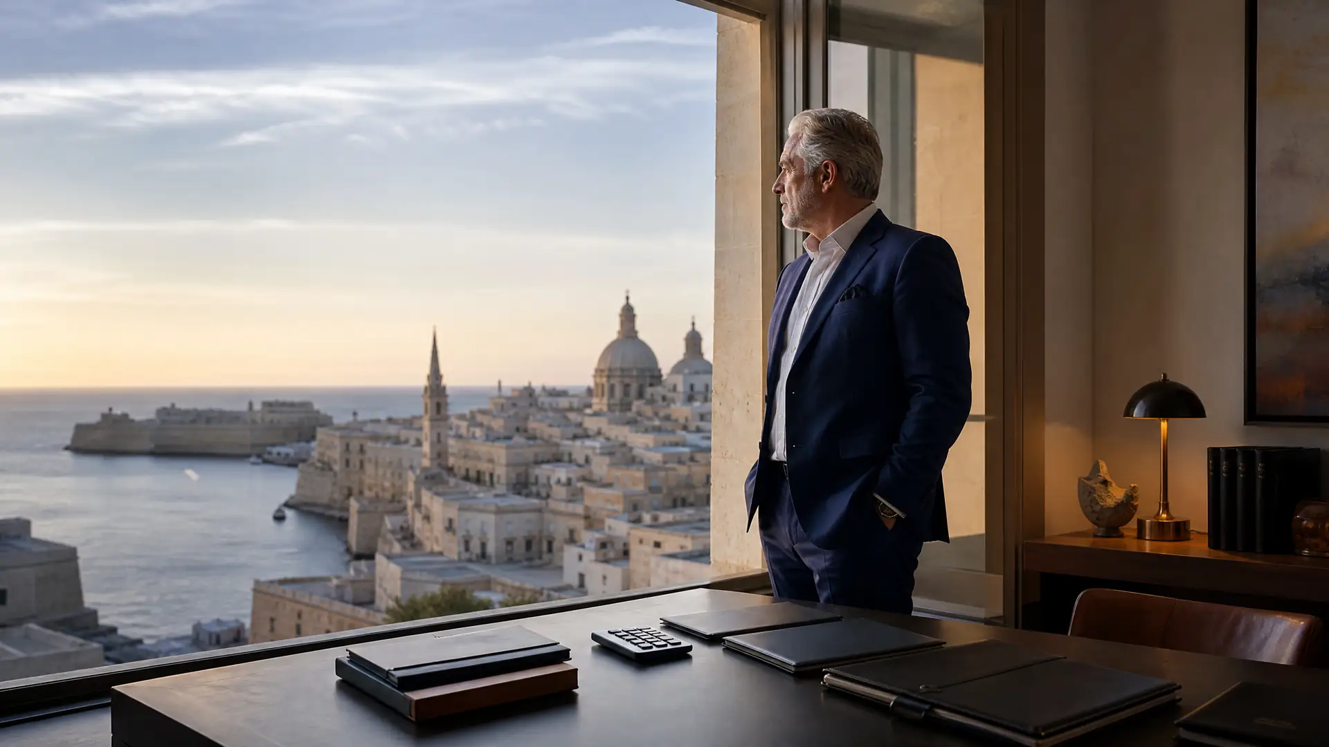 Unternehmer am Fenster mit Blick auf eine Küstenstadt, im Hintergrund Schreibtisch mit Unterlagen